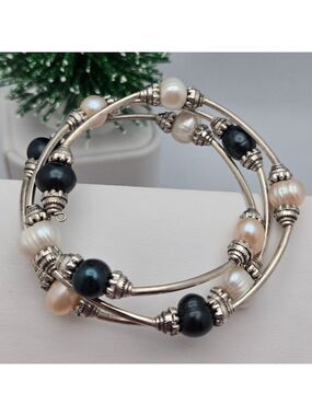 Natural Pearl Silver Tone Bracelet Black Pink & White Adjustable Freshwater